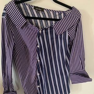 Cotton shirt.one shoulder lower. Beautiful pattern of blues. Perfect with jeans